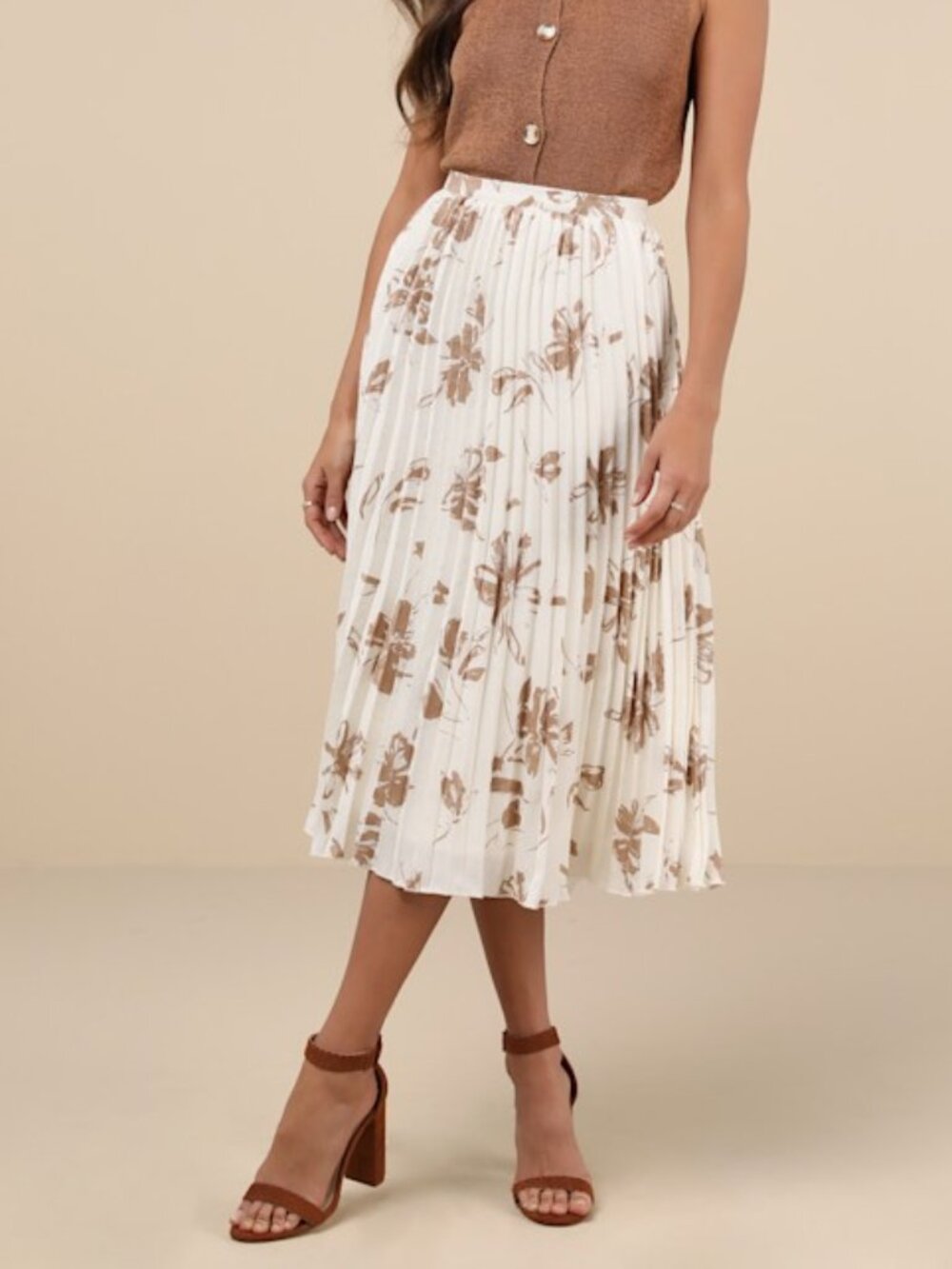 Lulus Easily Delightful Ivory Floral Satin Pleated Jacquard Midi Skirt White NWT